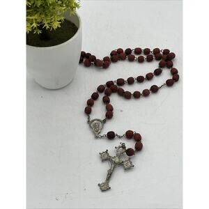 Vintage Rosary Catholic Red Wood Rose Scented Beads Christian Double Side Cross